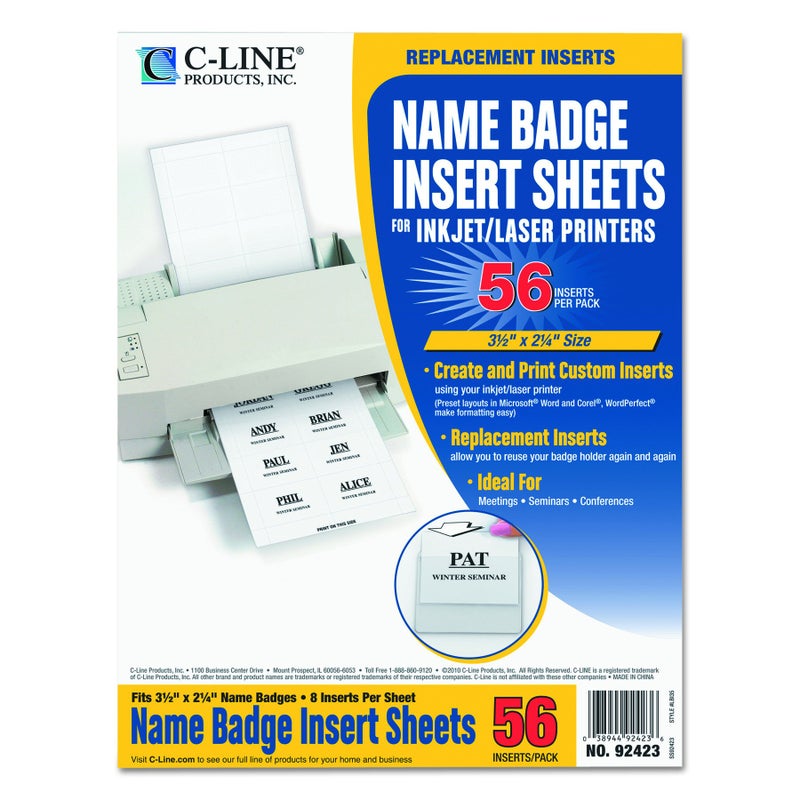 C-Line Replacement Inkjet/Laser Printer White Badge Inserts, 3-1/2" x 2-1/4", 8/Sheet, 7 Sheets, 56 Inserts per Pack (92423) - Image 1